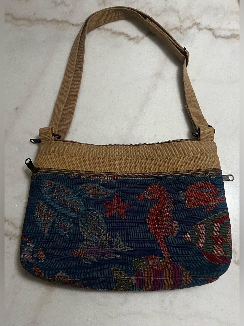 Vintage My Maine Bag Blue Tropical Fish Woven Tapestry Handbag Khaki Woven Strap